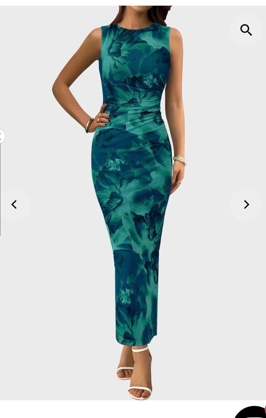 PrettyGarden Blue Floral Mesh Ruched Sleeveless Midi Dress Size L